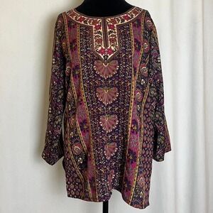 European boho floral print tunic top with 3/4 length sleeves